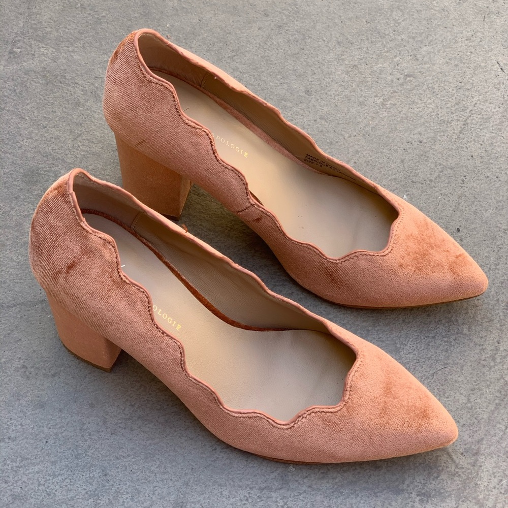 Anthropologie scalloped velvet block heels
